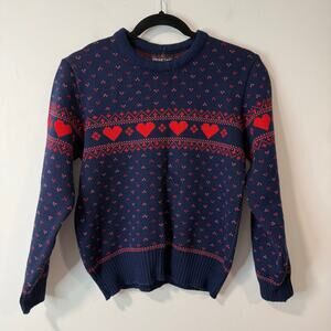 Demetre Women's Vintage Wool Knit Sweater Heart Pattern Navy Blue Pink Medium